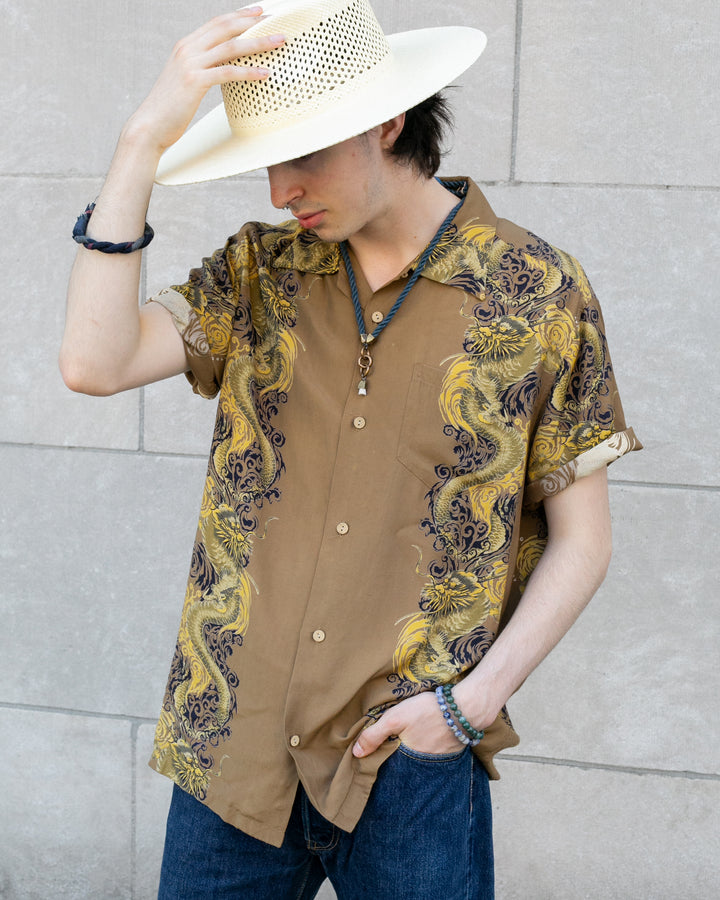 Japanese Repro, Short Sleeve Aloha Shirt, Avirex Brand, Olive with Gold Dragons - L