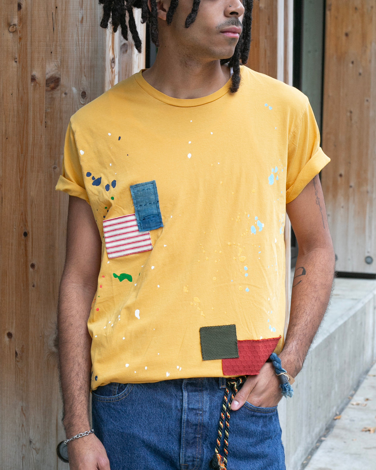 Sunflower cotton painter tee with fabric patches by Kiriko Made