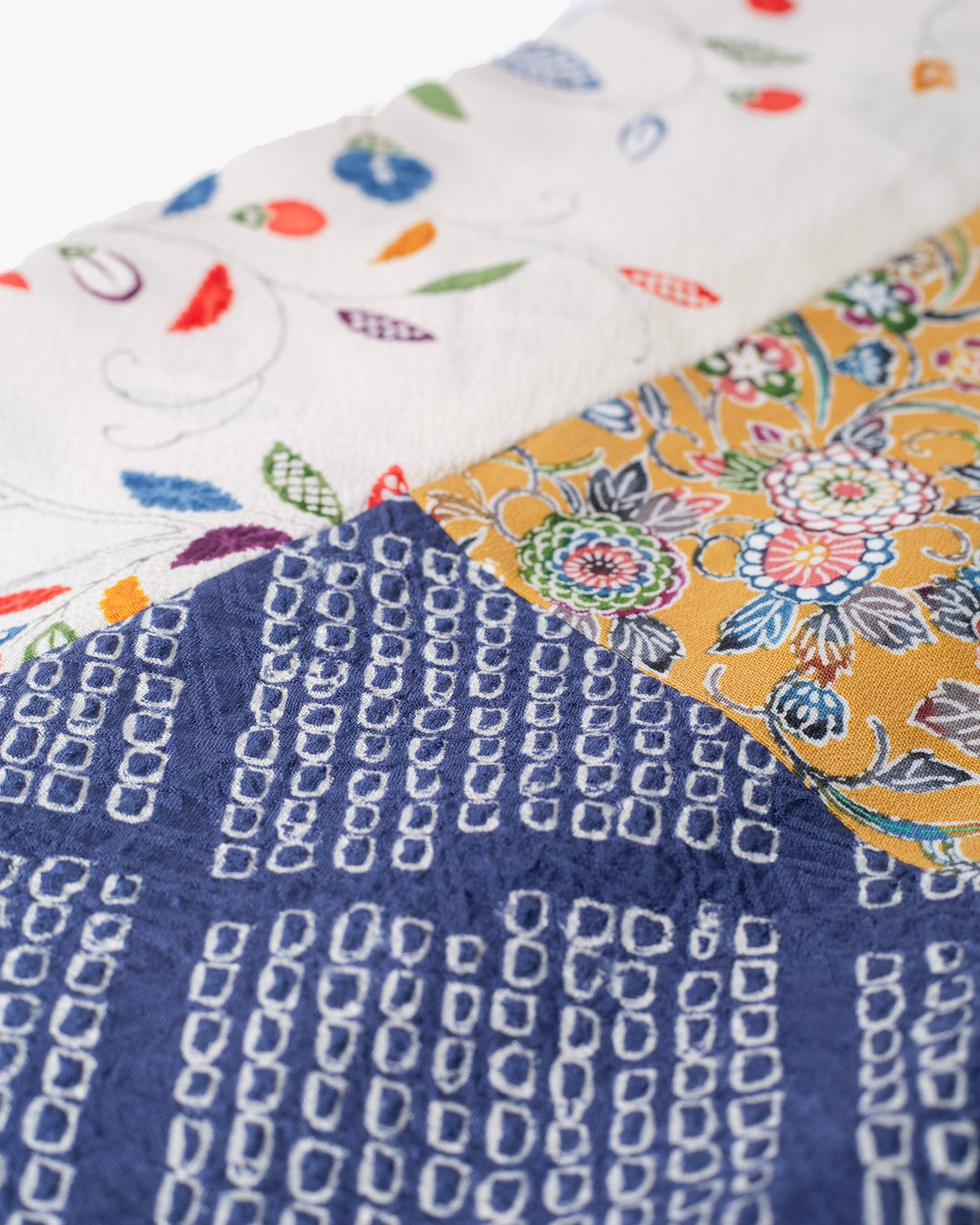 Kiriko Original Scarf, Infinity, Kimono, White Abstract Floral with Yellow Accents and Blue Shibori Diamonds