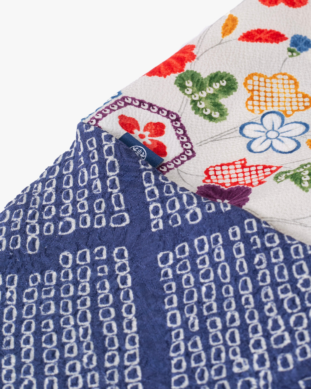 Kiriko Original Scarf, Infinity, Kimono, White Abstract Floral with Yellow Accents and Blue Shibori Diamonds