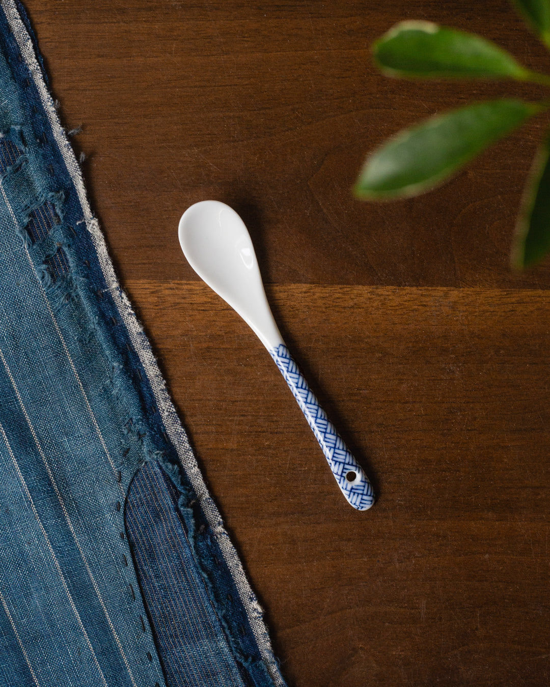 Hand-Painted Porcelain Spoon, Ichiyama, Shiro-Aizome, Basket Weave