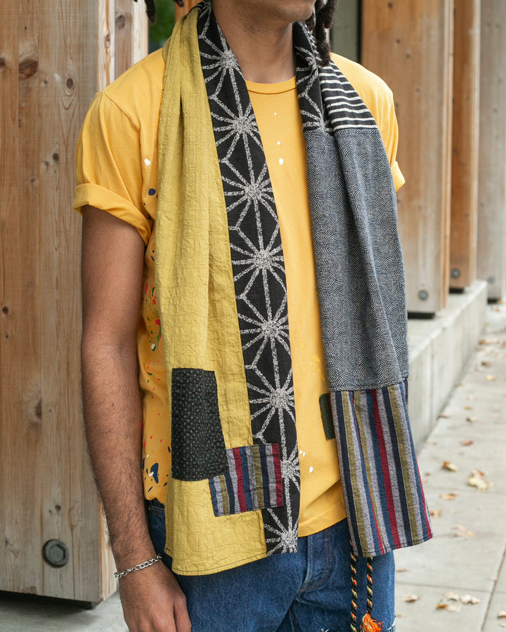 Kiriko Original Modern Patchwork Scarf, Large Black Asanoha with Shima