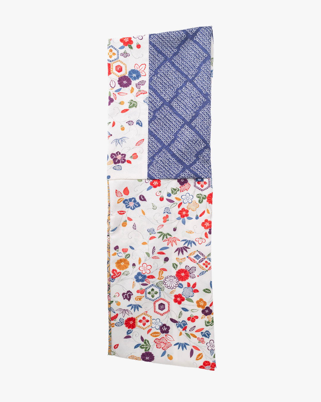 Kiriko Original Scarf, Infinity, Kimono, White Abstract Floral with Yellow Accents and Blue Shibori Diamonds