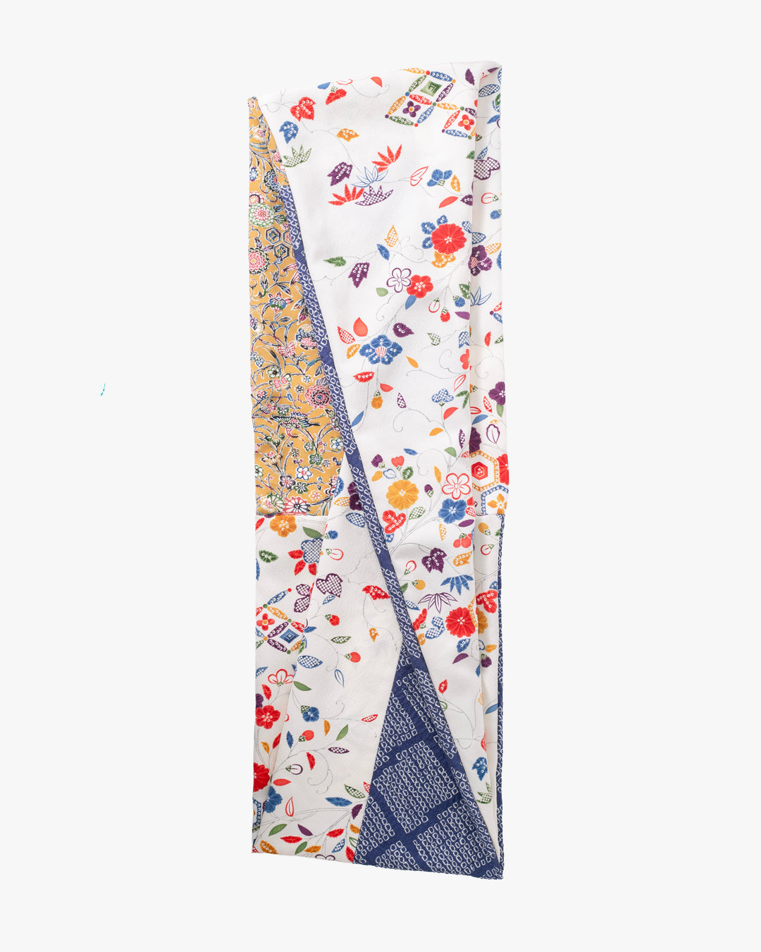 Kiriko Original Scarf, Infinity, Kimono, White Abstract Floral with Yellow Accents and Blue Shibori Diamonds