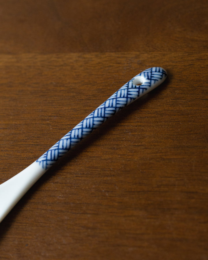 Hand-Painted Porcelain Spoon, Ichiyama, Shiro-Aizome, Basket Weave