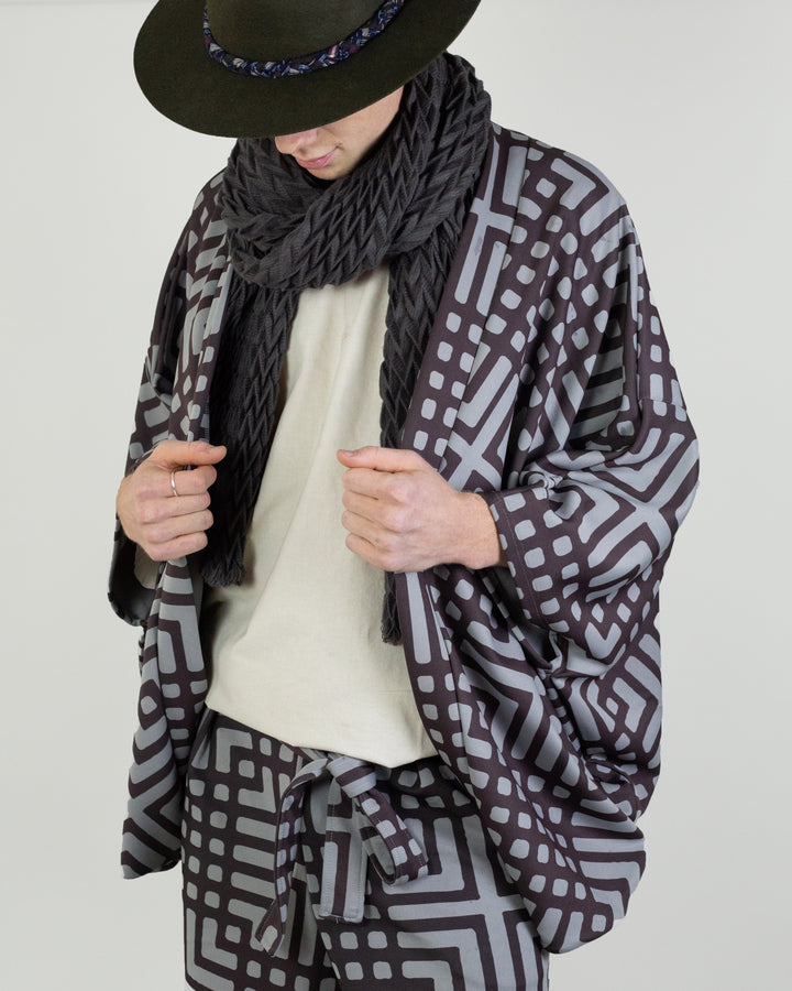 Wa-Modern, Haori, Grey with Brown Koushi Pattern