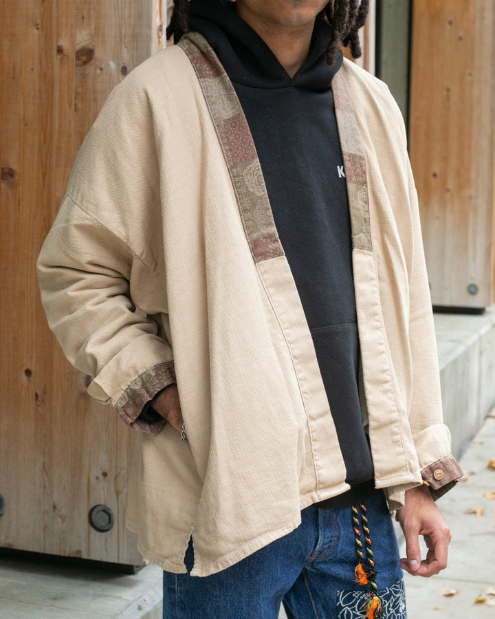 Kiriko Original Jacket, Modern Noragi, Ecru Overdyed with Multi Patchwork, Azuki and Gold