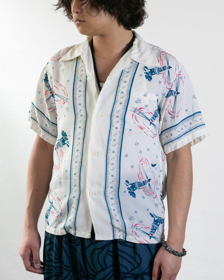 Japanese Repro Shirt, Aloha Short Sleeve, Sun Surf Brand, White and Blue Lighthouse - M