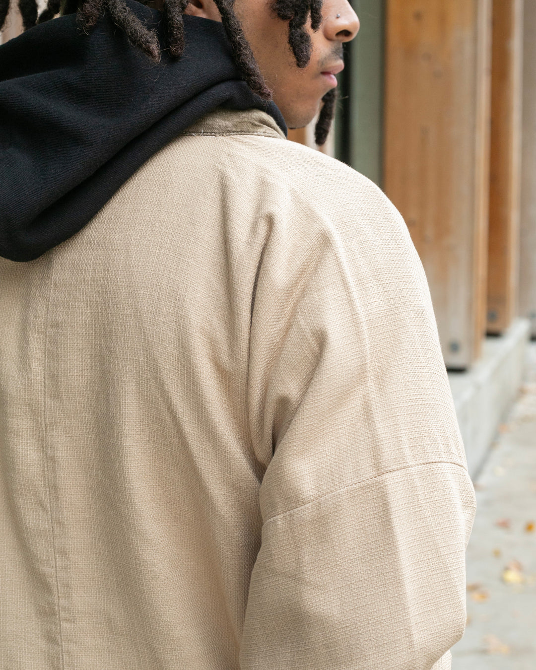 Kiriko Original Jacket, Modern Noragi, Ecru Overdyed with Multi Patchwork, Azuki and Gold