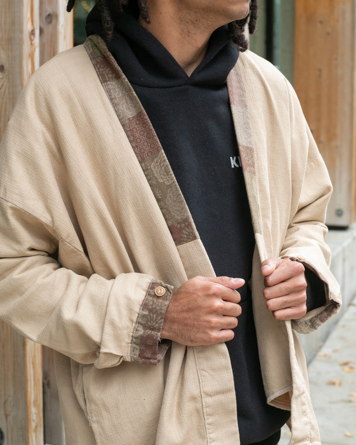 Kiriko Original Jacket, Modern Noragi, Ecru Overdyed with Multi Patchwork, Azuki and Gold