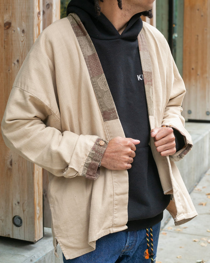 Kiriko Original Jacket, Modern Noragi, Ecru Overdyed with Multi Patchwork, Azuki and Gold