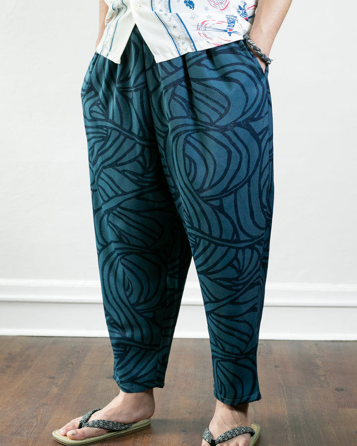 Wa-Modern Samue Pants, Sayagata and Kamon, Teal Blue with Curved Patterns