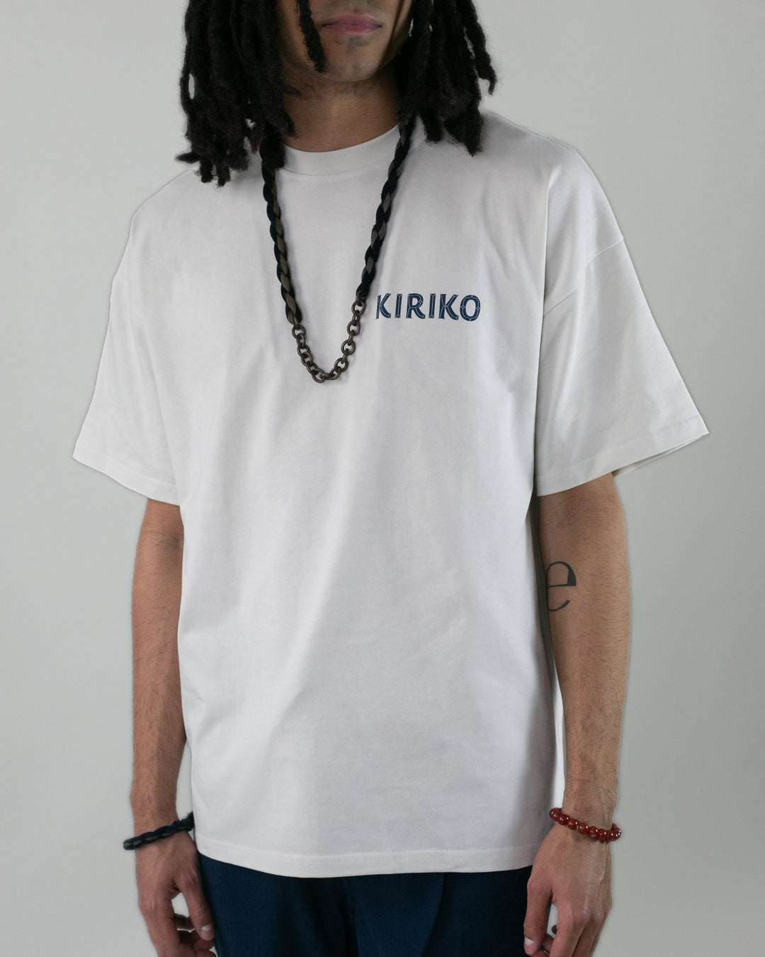 Kiriko Original Ainu Tee, Cream with Indigo, Sky Blue and Gold