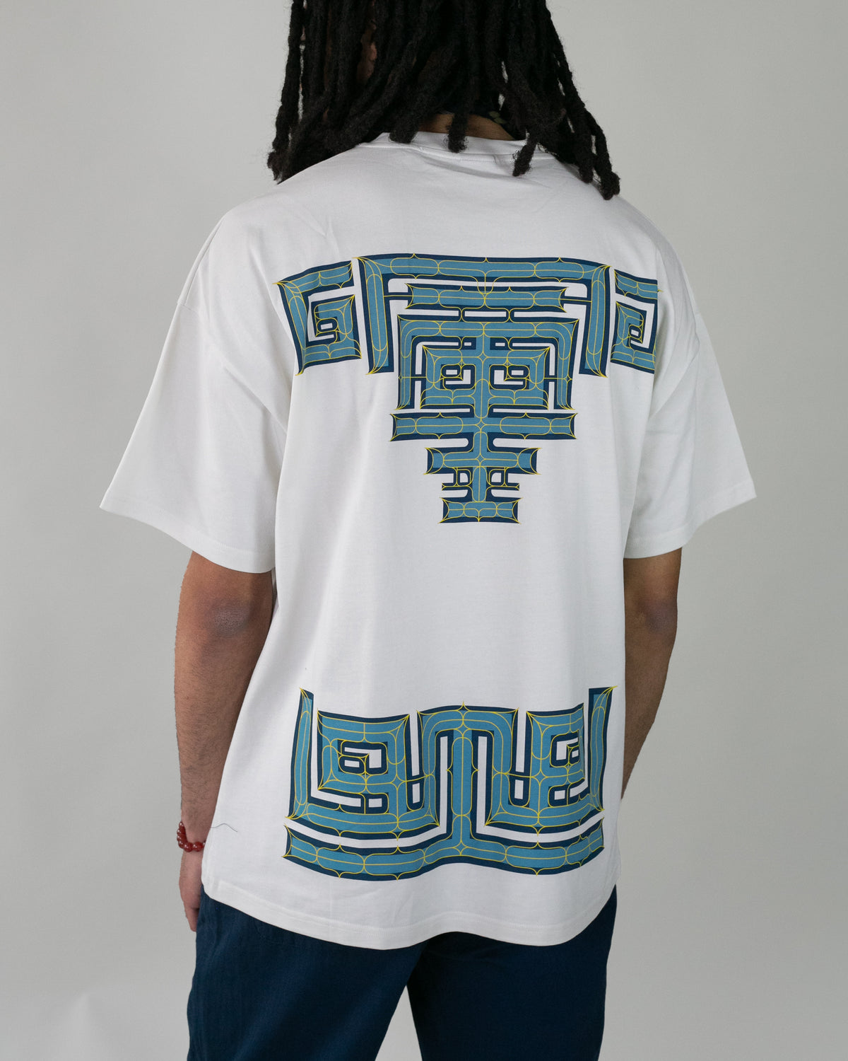 Kiriko Original Ainu Tee, Cream with Indigo, Sky Blue and Gold