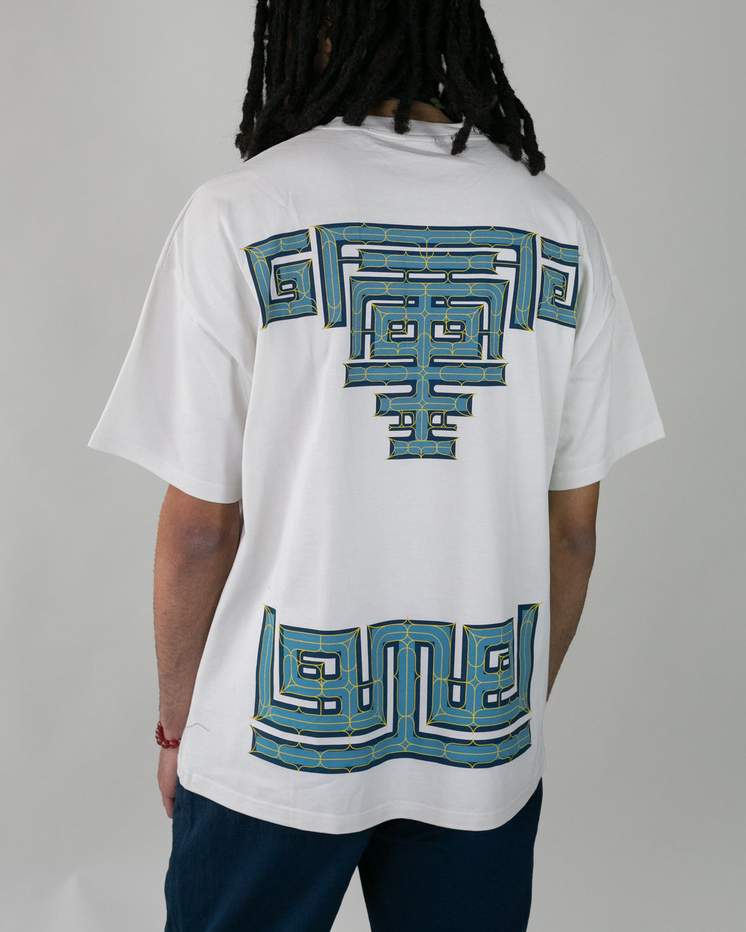 Kiriko Original Ainu Tee, Cream with Indigo, Sky Blue and Gold