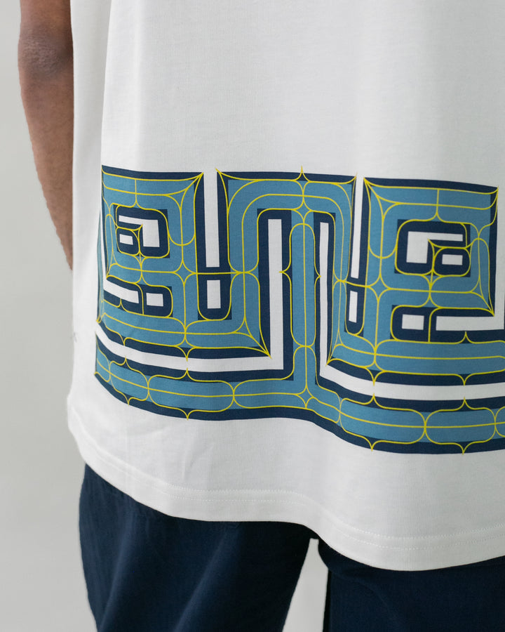 Kiriko Original Ainu Tee, Cream with Indigo, Sky Blue and Gold