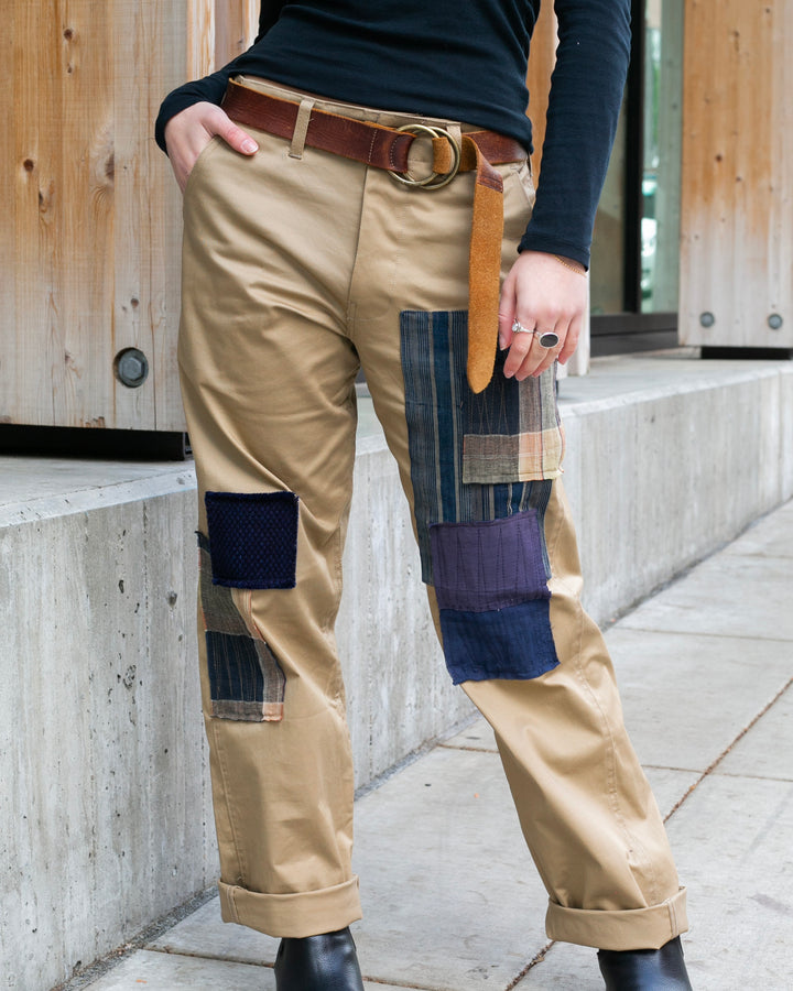 Kiriko Original Patched Officer Trousers, 7.5 oz. Stretch Twill Chino - Khaki with Boro and Sashiko Patches