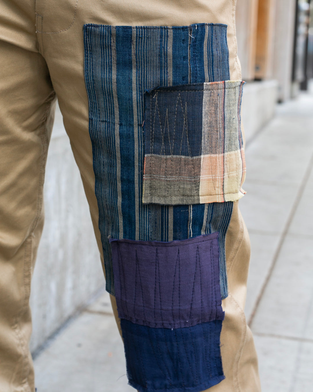 Kiriko Original Patched Officer Trousers, 7.5 oz. Stretch Twill Chino - Khaki with Boro and Sashiko Patches