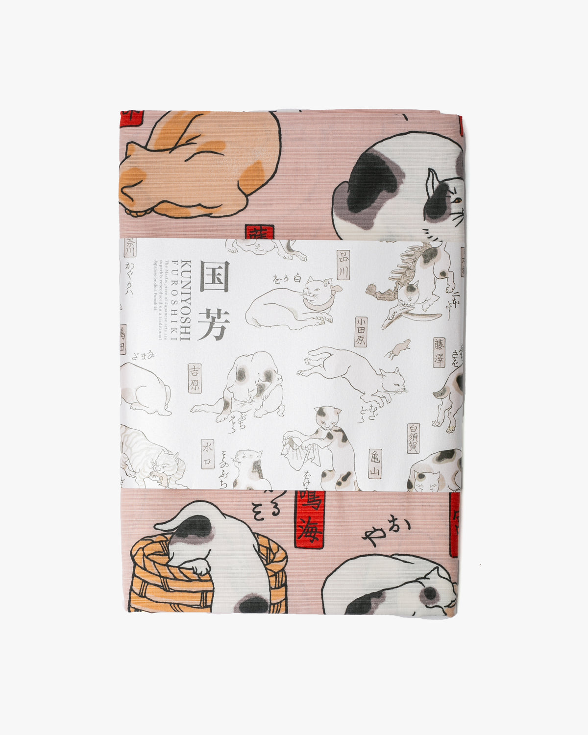Modern Furoshiki, Musubi, Ukiyo-e, Cats Suggested As The Fifty Three Stations of the Tokaido Pink, 40" x 40"