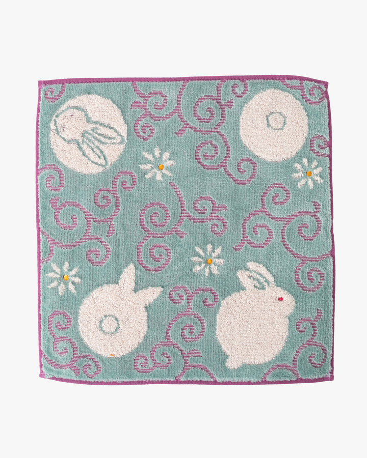 Kurochiku, Two-Sided Jacquard Handkerchief, Blue and White Rabbit with Karakusa