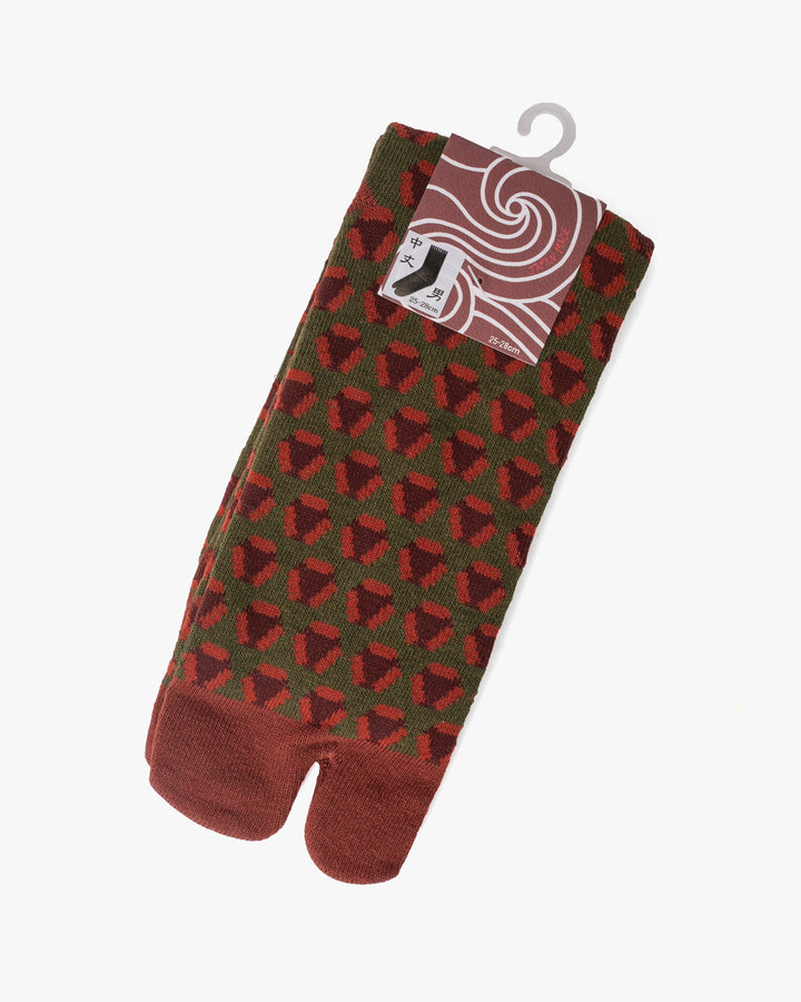 Wa Modern, Tabi Socks, Crew, Olive Green with Red and Dusty Red Hexagons (M/L)