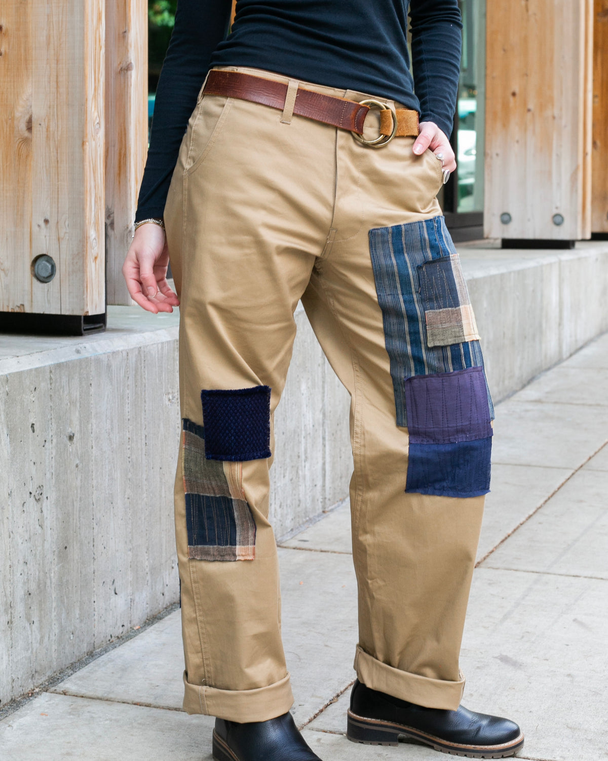 Kiriko Original Patched Officer Trousers, 7.5 oz. Stretch Twill Chino - Khaki with Boro and Sashiko Patches