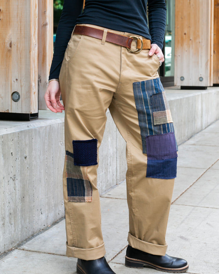 Kiriko Original Patched Officer Trousers, 7.5 oz. Stretch Twill Chino - Khaki with Boro and Sashiko Patches