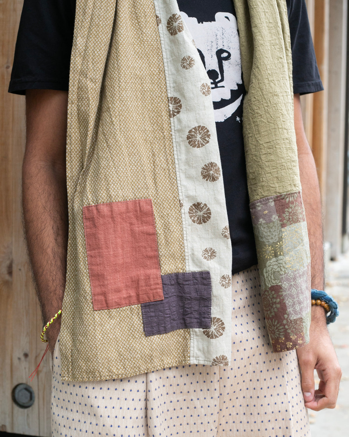 Kiriko Original Modern Patchwork Scarf, Azuki and Gold with Cream Kumo Shibori
