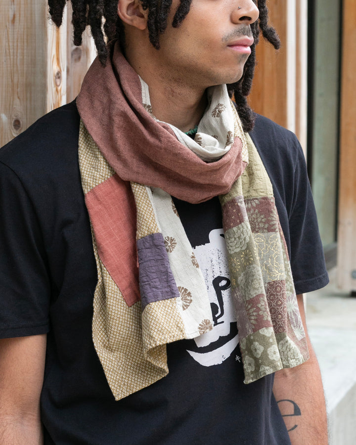 Kiriko Original Modern Patchwork Scarf, Azuki and Gold with Cream Kumo Shibori