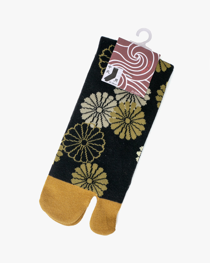 Wa Modern, Tabi Socks, Crew, Black with Dark Gold Flowers (M/L)