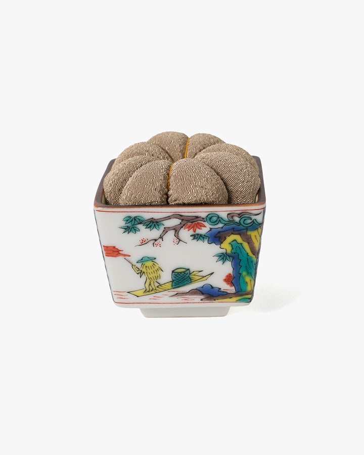 Hiro, Pin Cushion with Ceramic Base, Kutani, Beige