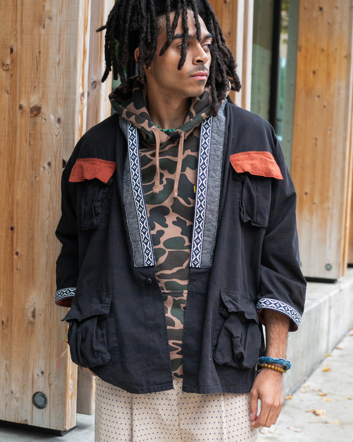 Kiriko Custom Military Jacket, Koi Dragon, Black Overdyed with Hishi Webbing Collar