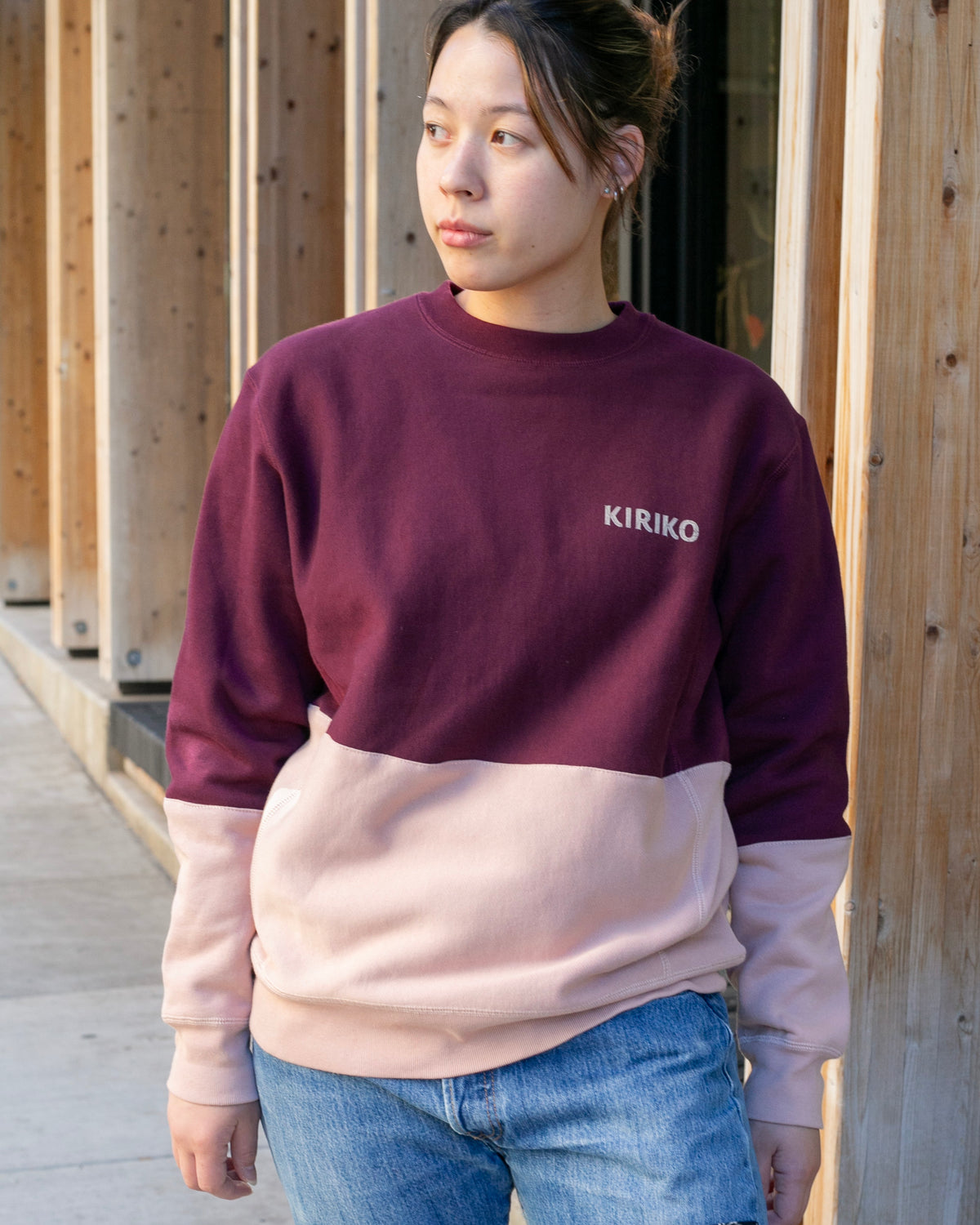 Kiriko Original Crewneck, Printed Ainu, Two-Tone, Maroon with Light Pink