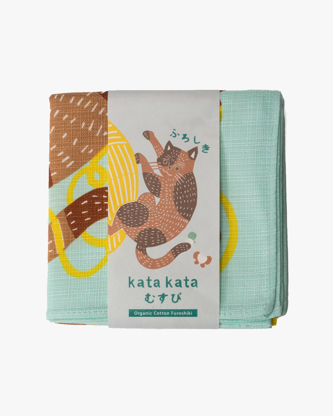 Modern Furoshiki, Musubi Organic, Kata Kata, Cat &amp; Yarn, Light Green 19.5" x 19.5"