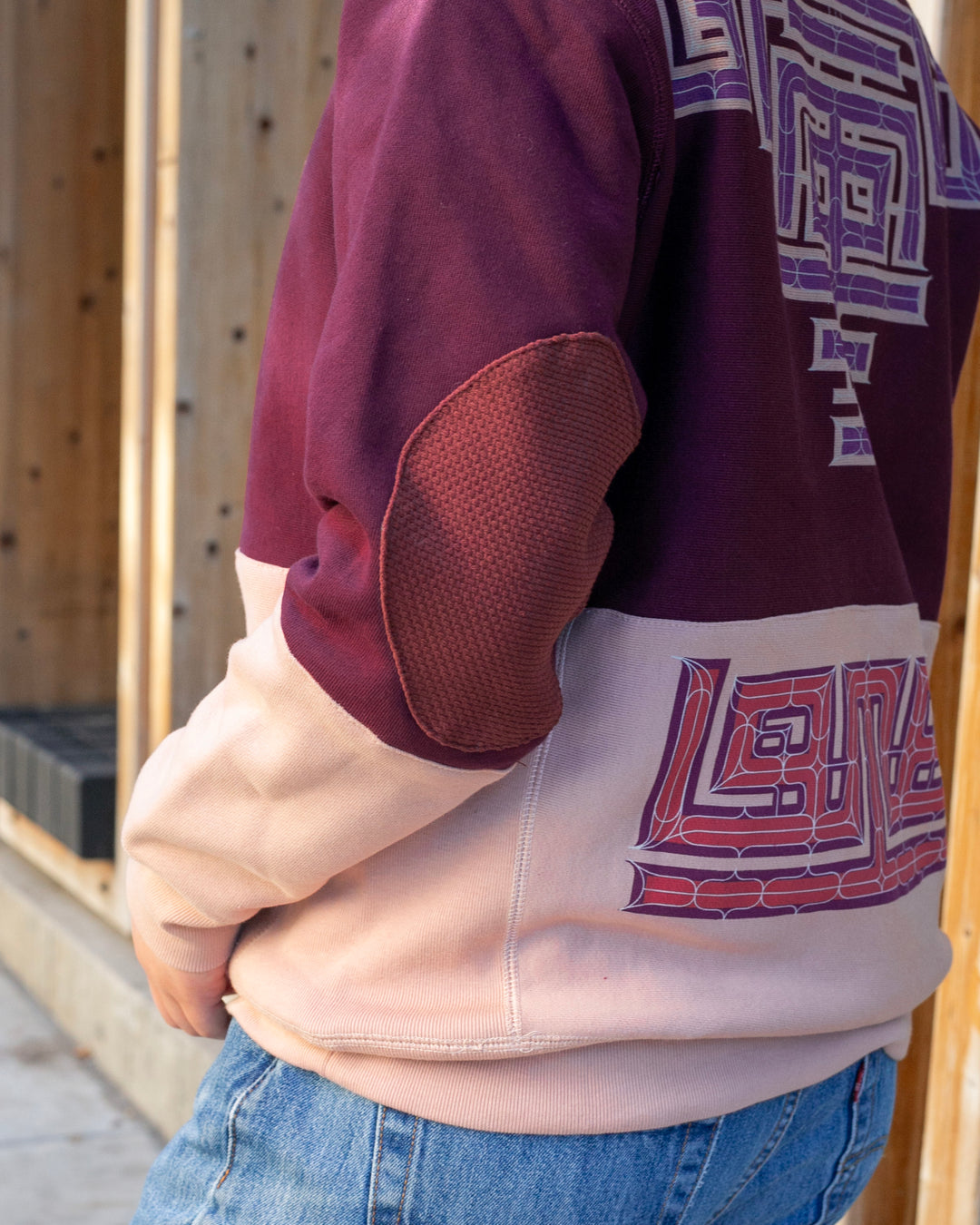 Kiriko Original Crewneck, Printed Ainu, Two-Tone, Maroon with Light Pink