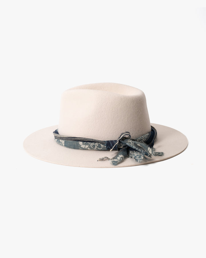 Kiriko Custom Felt Hat, White, Twisted with Vintage Washed Indigo, Brixton, Katazome and Shima
