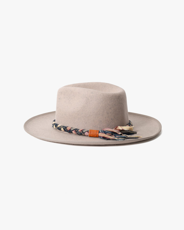 Kiriko Custom Felt Hat, Speckled Ecru Braided with Indigo, Brixton, Katazome and Shima