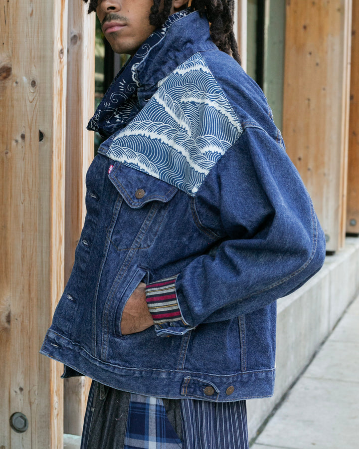 Kiriko Original Jacket, Oversized Levi's Denim with Obi, Dark Wash with Warm Tone Obi