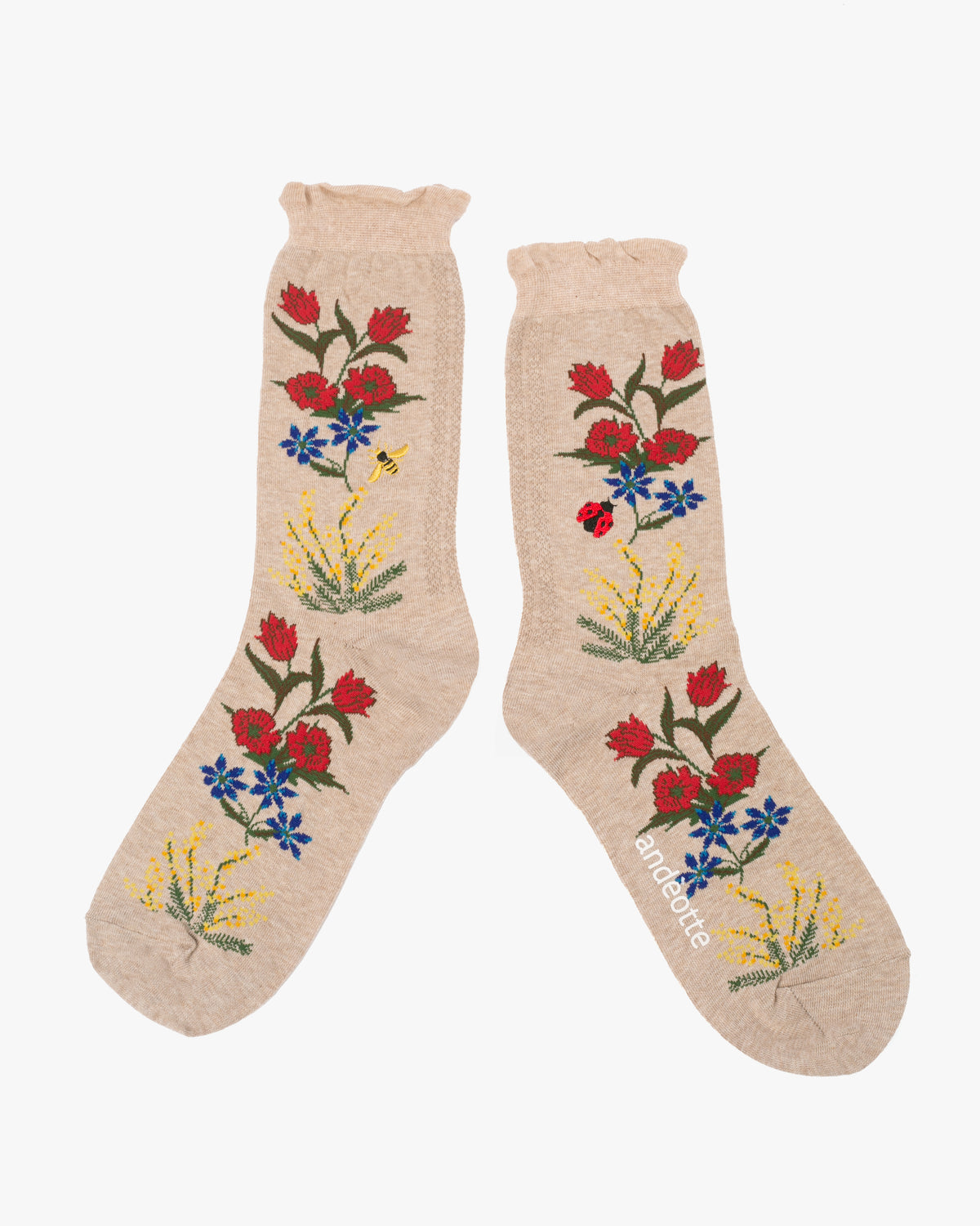 Debby Co. Crew Socks, Andeotte Collection, Beige with Ladybug