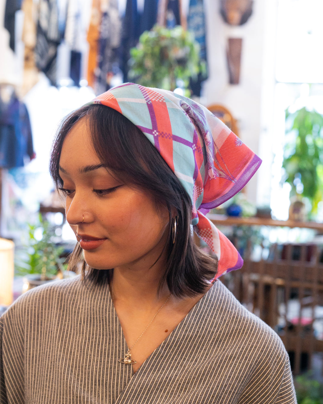 Debby Co., Scarf, Maison Blanche Collection, Coral Botanical Check