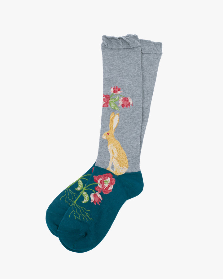Debby Co. Crew Socks, Andeotte Collection, Gray with Yellow Rabbit