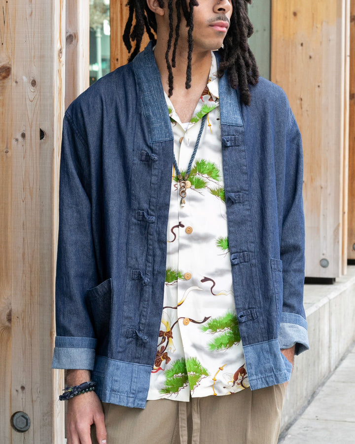 Kiriko Original Two Tone Denim Jacket, Mandarin Style, Dark Indigo with Light Indigo