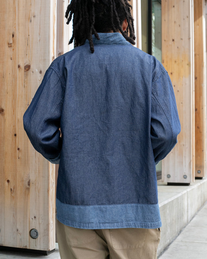 Kiriko Original Two Tone Denim Jacket, Mandarin Style, Dark Indigo with Light Indigo