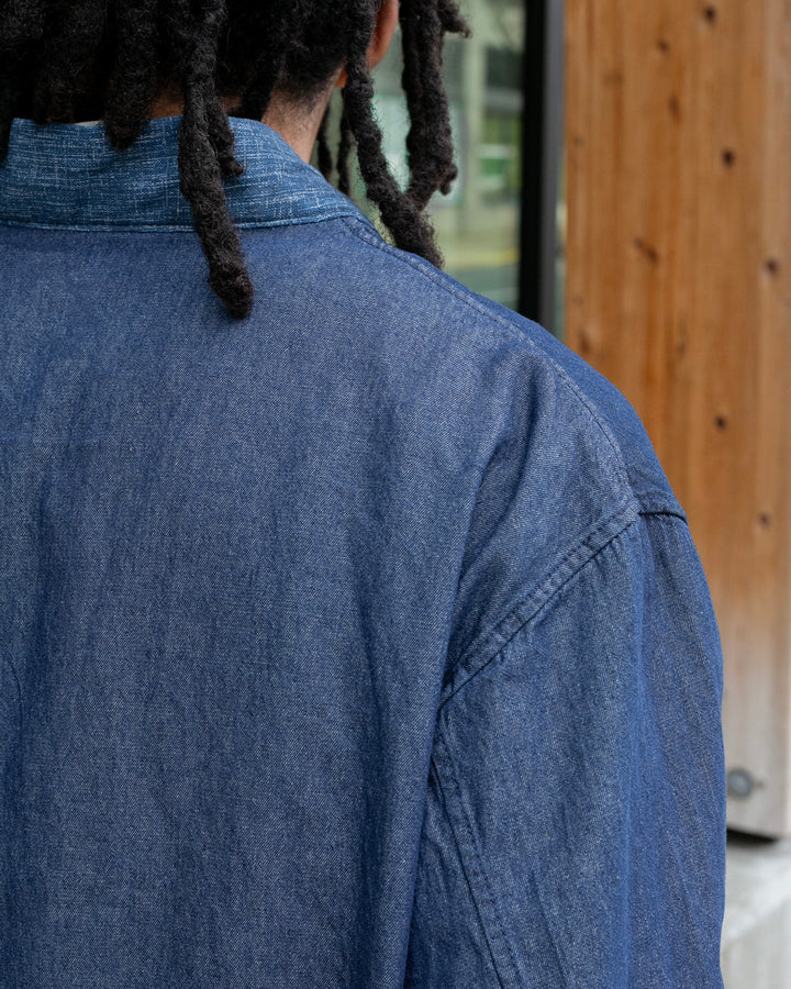 Kiriko Original Two Tone Denim Jacket, Mandarin Style, Dark Indigo with Light Indigo