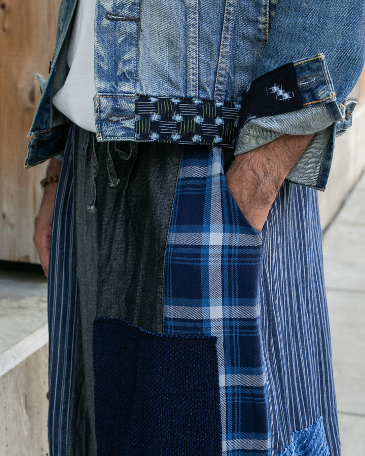 Kiriko Original Pants, Washed Indigo and Charcoal Patched, Wide Leg