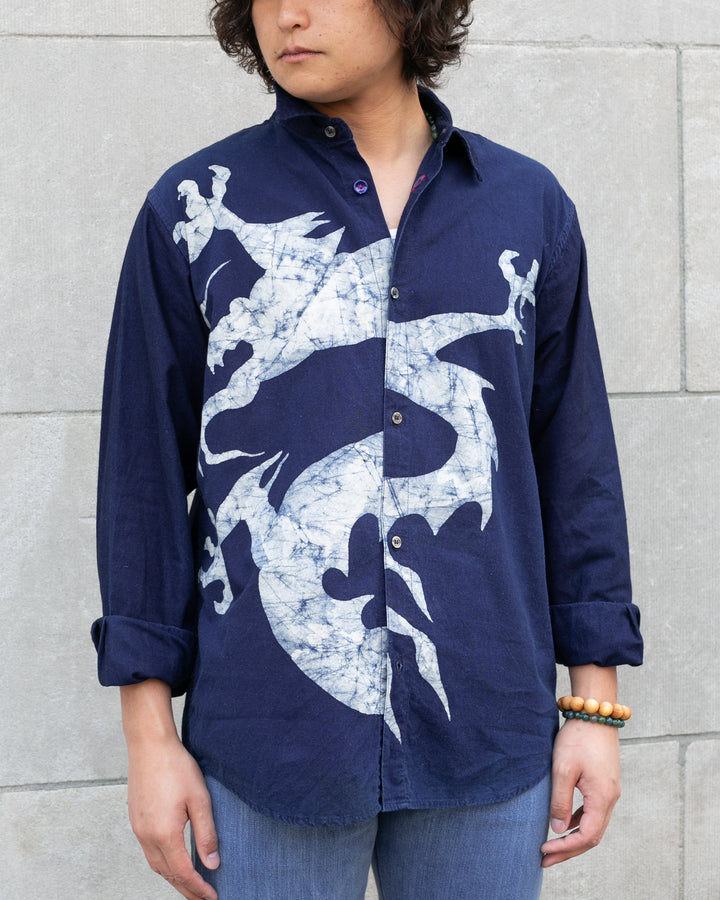 Japanese Repro, Indigo Button up Shirt, Gaijin Made Brand, Indigo with Dragon