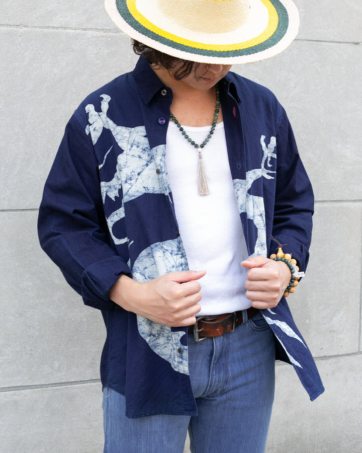 Japanese Repro, Indigo Button up Shirt, Gaijin Made Brand, Indigo with Dragon