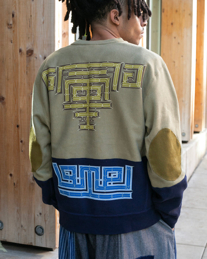 Kiriko Original Crewneck, Printed Ainu, Two-Tone, Olive with Navy