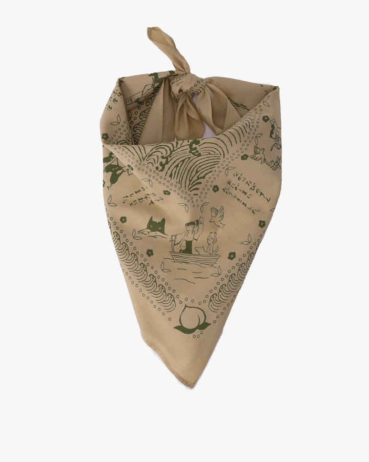 Kiriko Original Screen Printed, Custom-Dyed Bandana, Momotaro - Cream