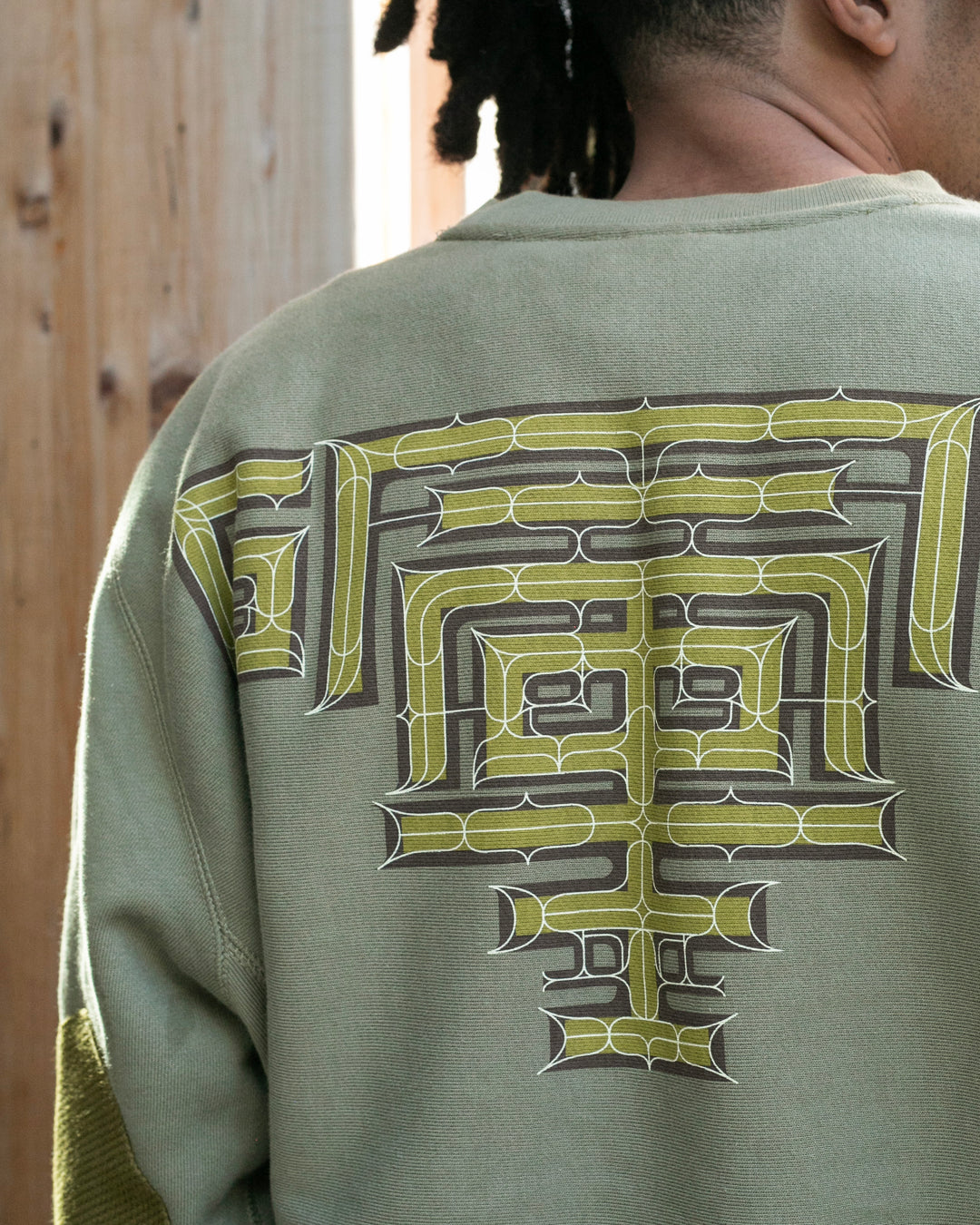 Kiriko Original Crewneck, Printed Ainu, Two-Tone, Olive with Navy